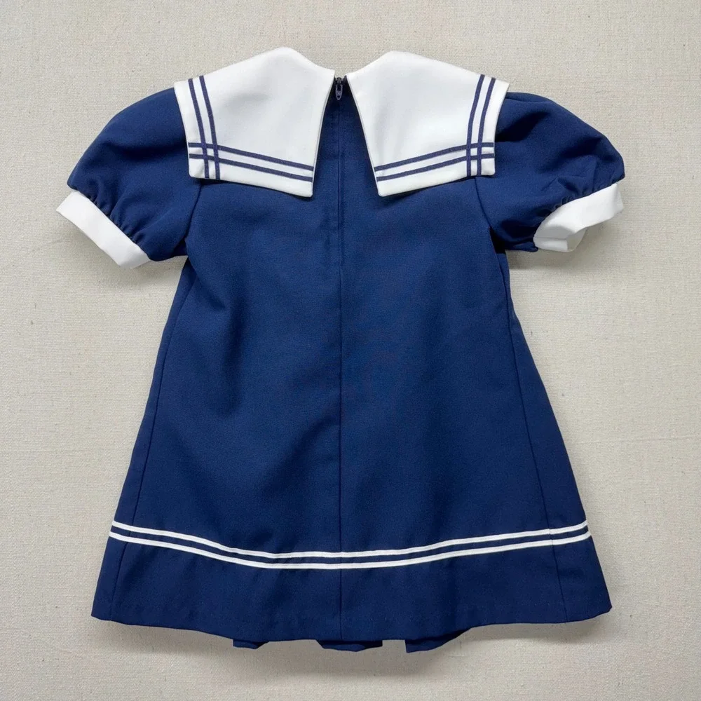Vintage Kids Navy Blue Sailor Dress White Collar Nautical Pleated 4T Dress Up